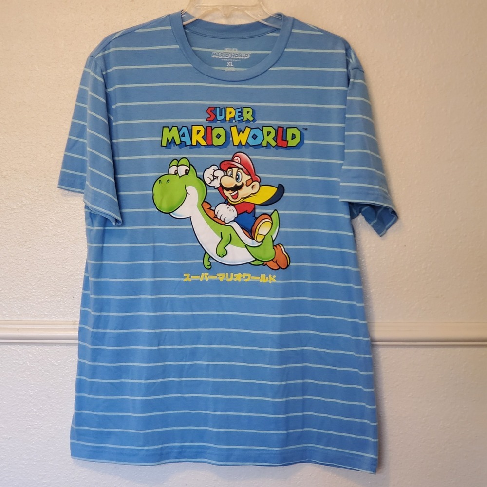 Nintendo Super Mario World Yoshi Striped Graphic T-Shirt Blue Mens XL